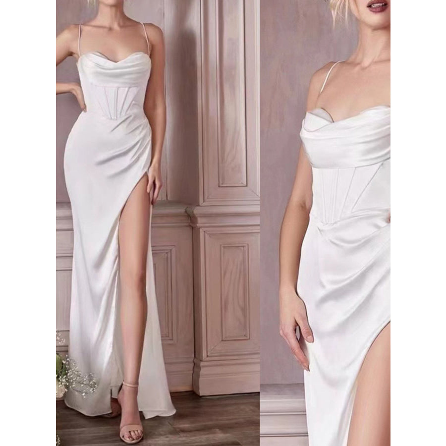 Satin High-Slit Cami Maxi Dress White / S Apparel and Accessories