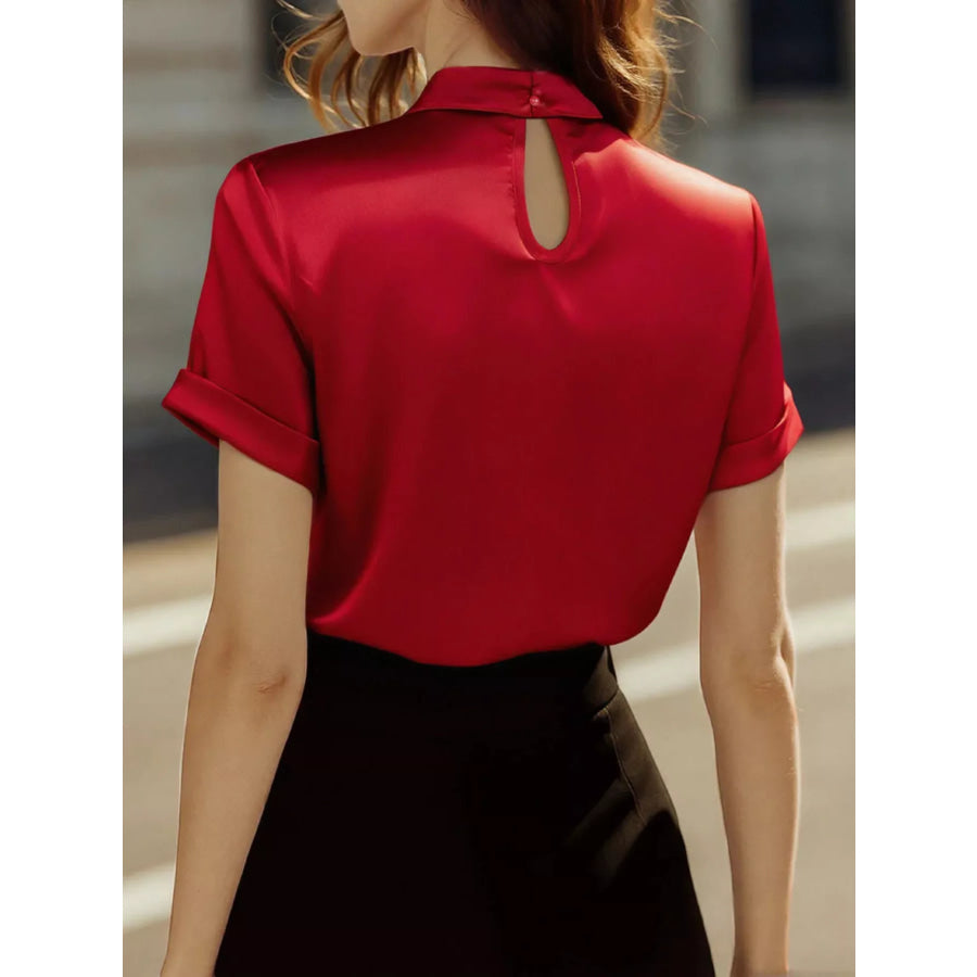 Satin Keyhole Short Sleeve Blouse Apparel and Accessories