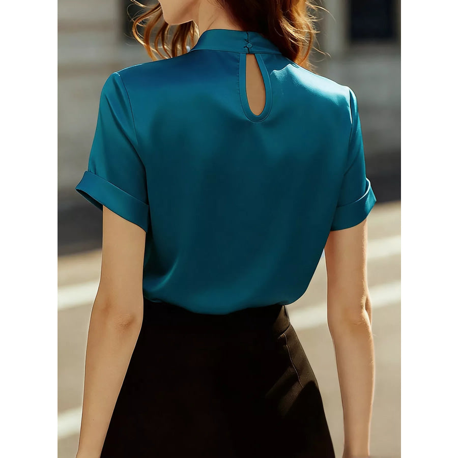 Satin Keyhole Short Sleeve Blouse Apparel and Accessories