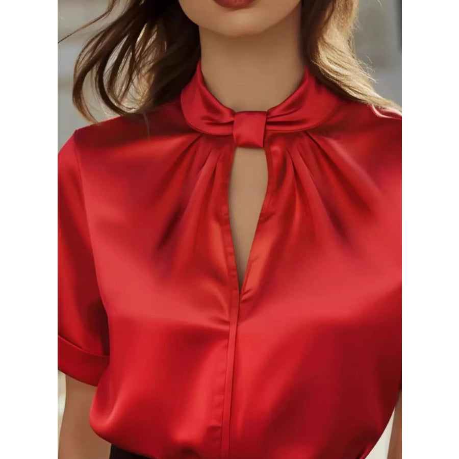 Satin Keyhole Short Sleeve Blouse Apparel and Accessories