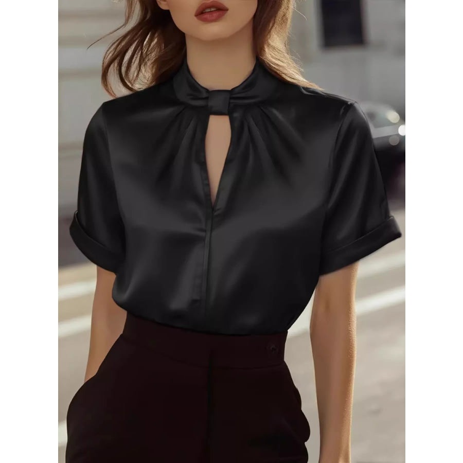 Satin Keyhole Short Sleeve Blouse Black / S Apparel and Accessories