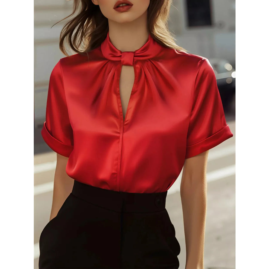 Satin Keyhole Short Sleeve Blouse Scarlet / S Apparel and Accessories