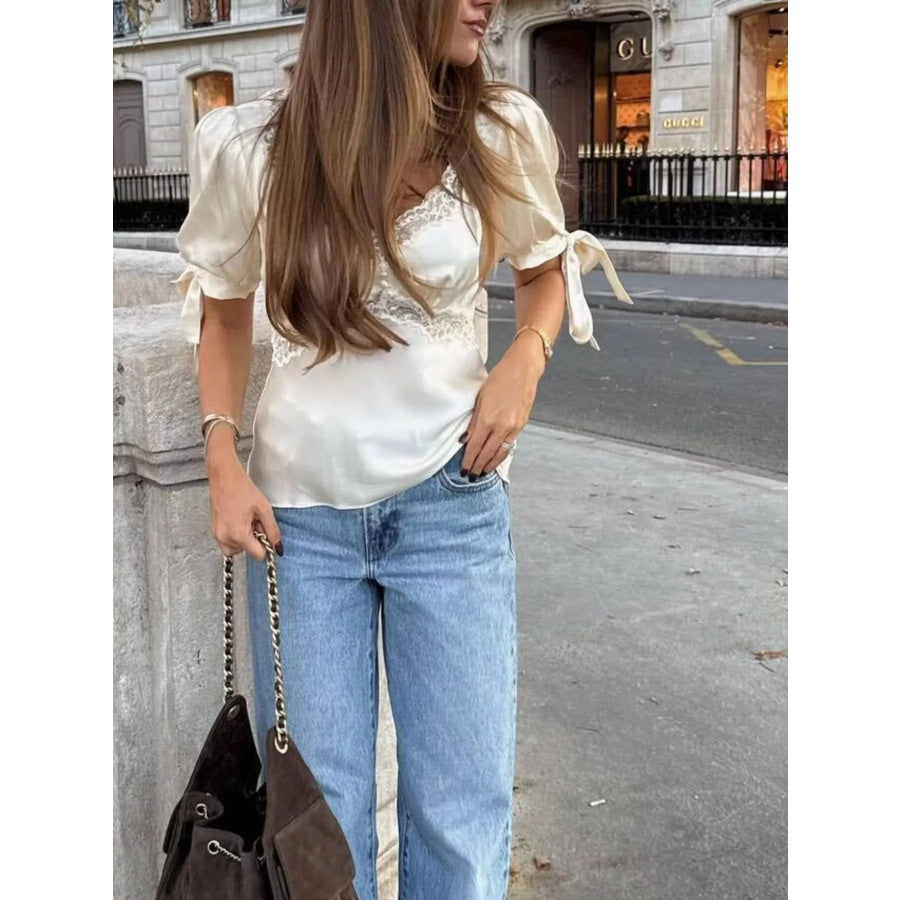Satin Lace Trim and Tie-Sleeve Detail Blouse Apparel and Accessories