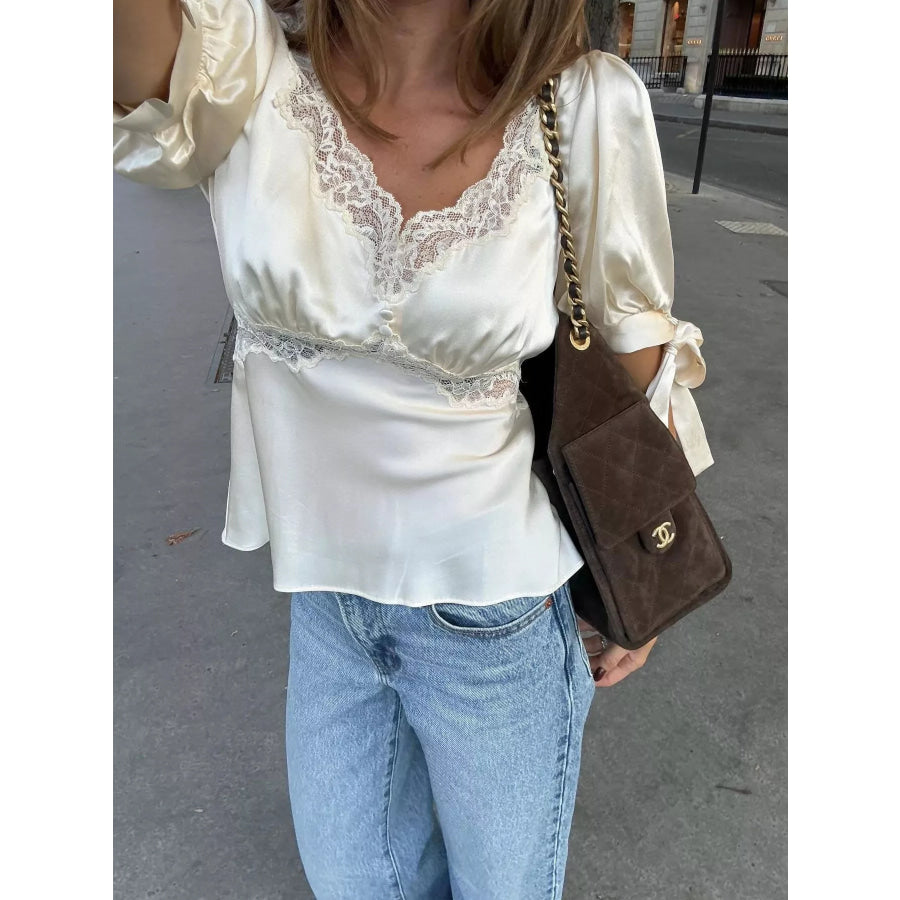 Satin Lace Trim and Tie-Sleeve Detail Blouse Apparel and Accessories