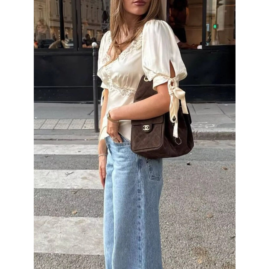 Satin Lace Trim and Tie-Sleeve Detail Blouse Apparel and Accessories