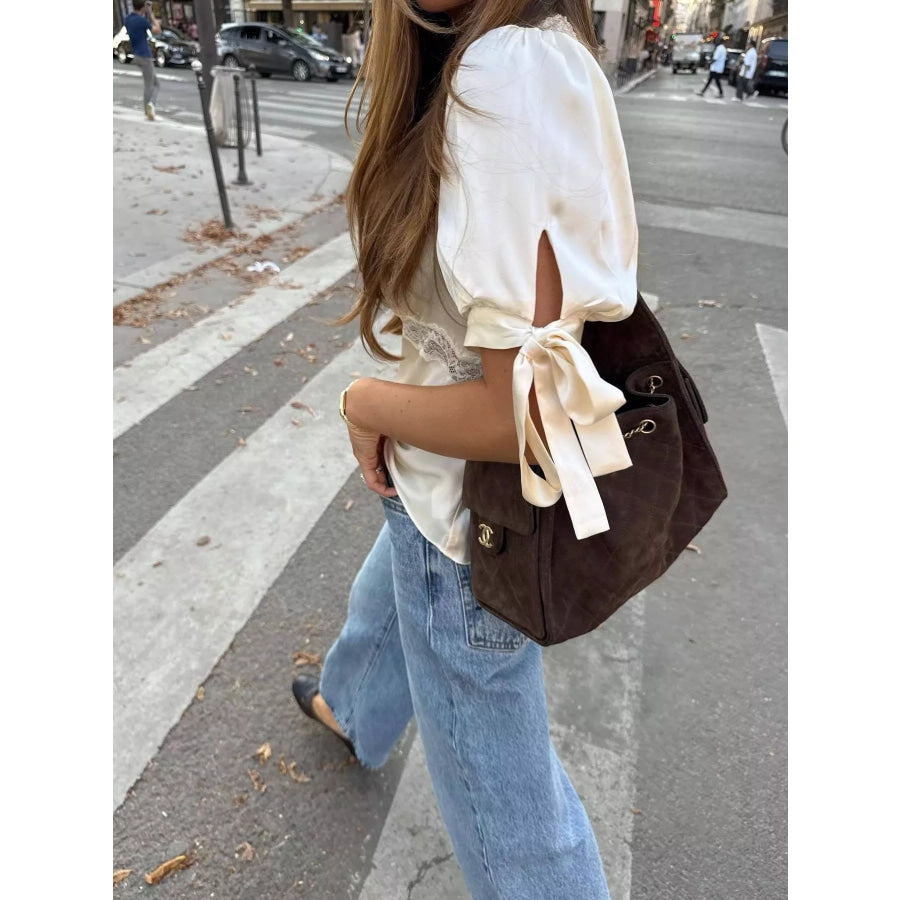 Satin Lace Trim and Tie-Sleeve Detail Blouse Apparel and Accessories