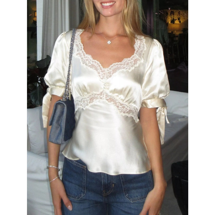 Satin Lace Trim and Tie-Sleeve Detail Blouse Cream / S Apparel and Accessories