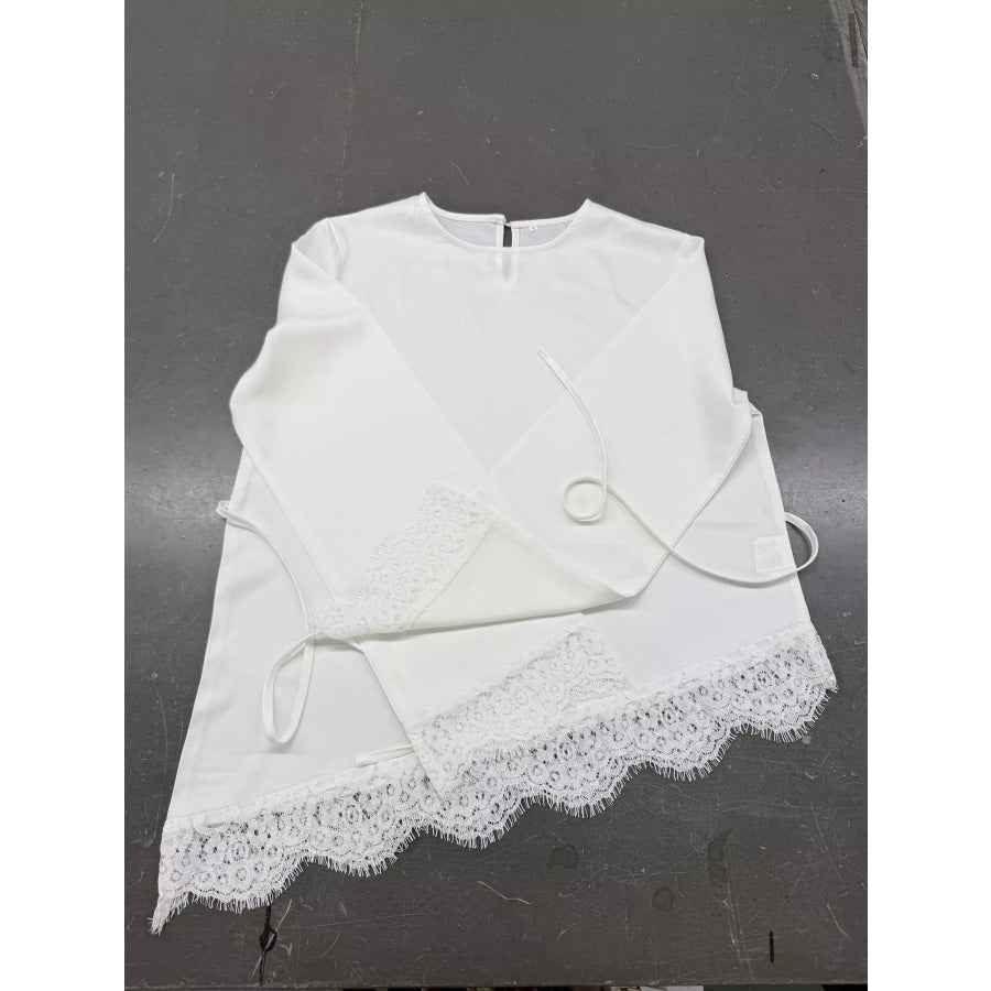 Satin Lace Trim Flare Sleeve Blouse Apparel and Accessories