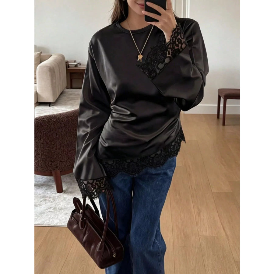 Satin Lace Trim Flare Sleeve Blouse Apparel and Accessories