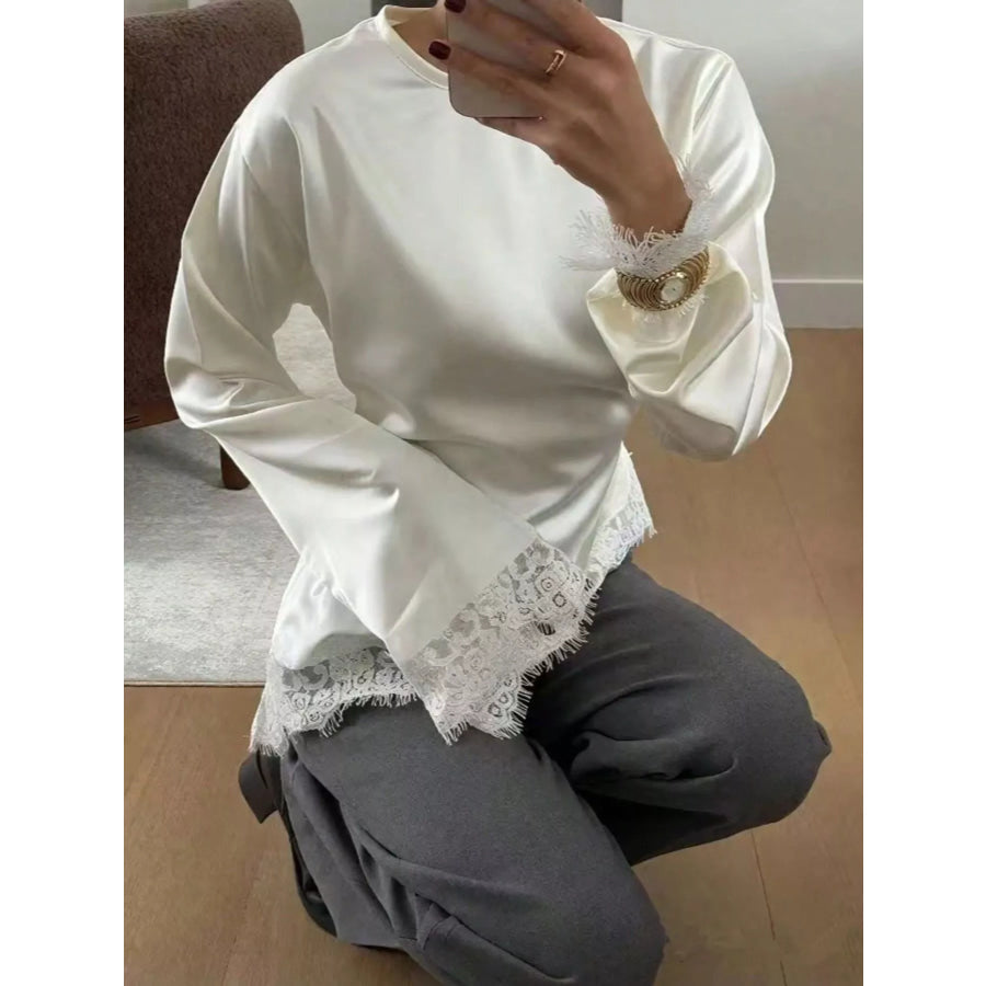 Satin Lace Trim Flare Sleeve Blouse Apparel and Accessories