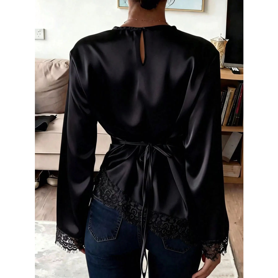 Satin Lace Trim Flare Sleeve Blouse Apparel and Accessories