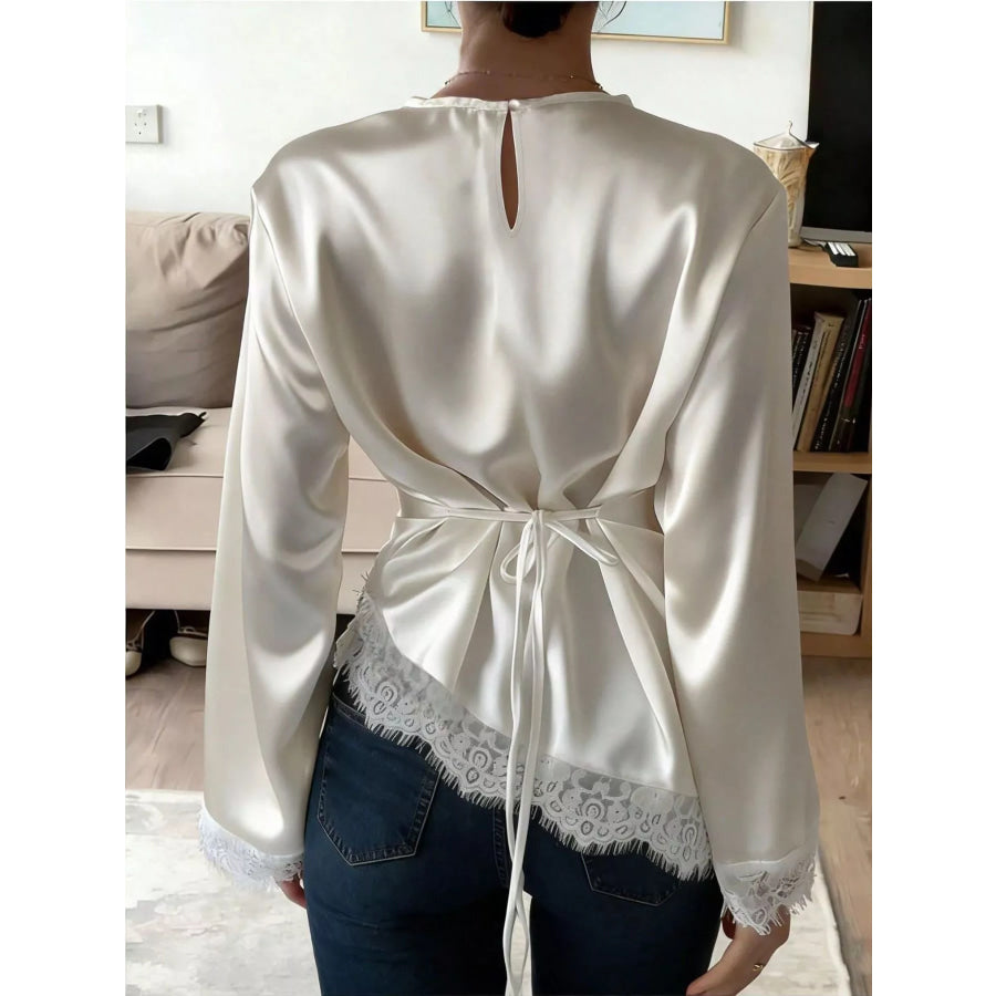 Satin Lace Trim Flare Sleeve Blouse Apparel and Accessories