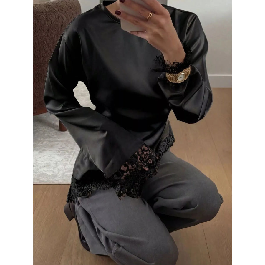 Satin Lace Trim Flare Sleeve Blouse Apparel and Accessories