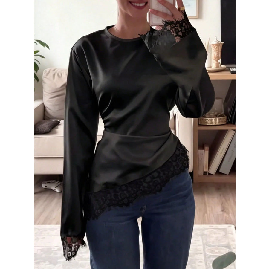 Satin Lace Trim Flare Sleeve Blouse Black / S Apparel and Accessories