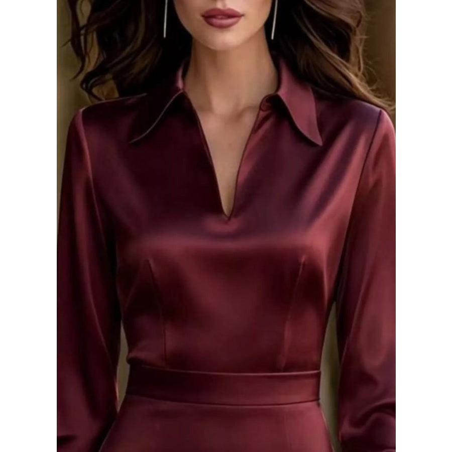 Satin Lantern Sleeve Midi Dress Apparel and Accessories
