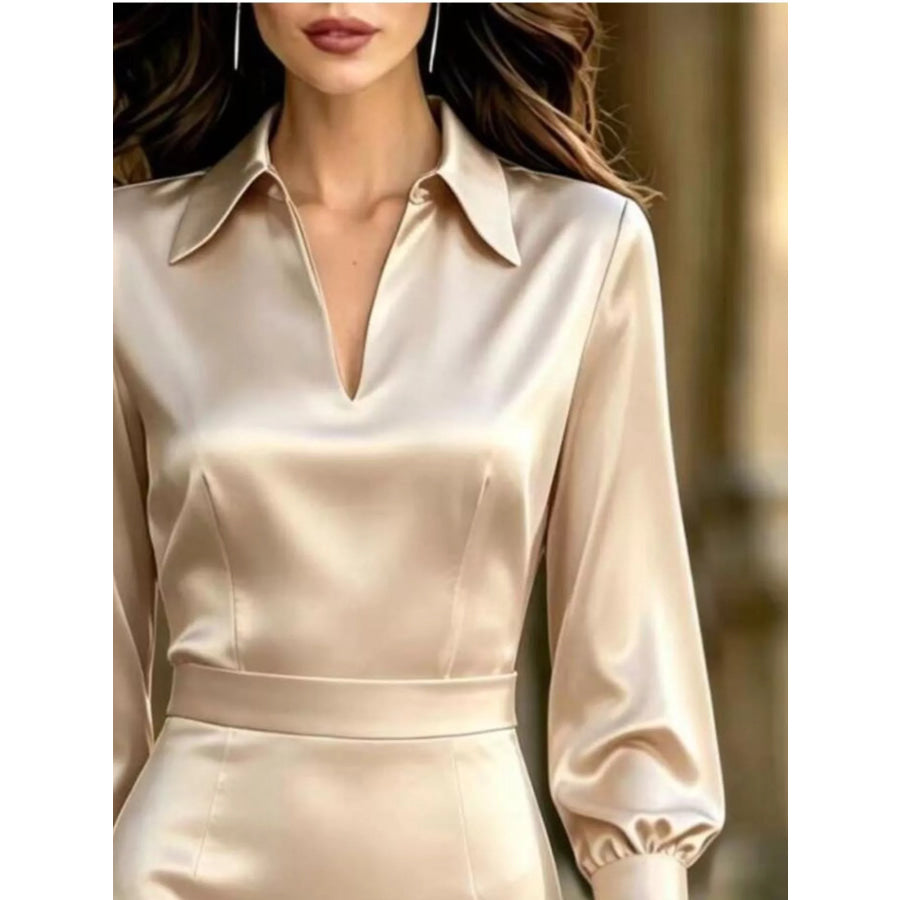 Satin Lantern Sleeve Midi Dress Apparel and Accessories