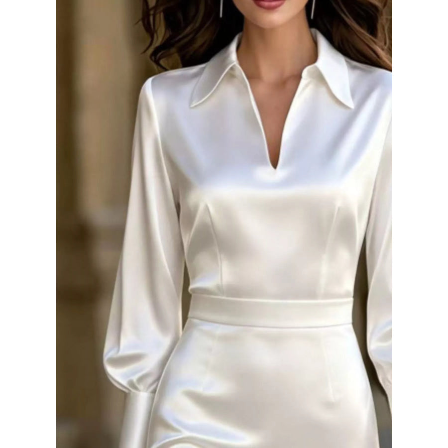 Satin Lantern Sleeve Midi Dress Apparel and Accessories