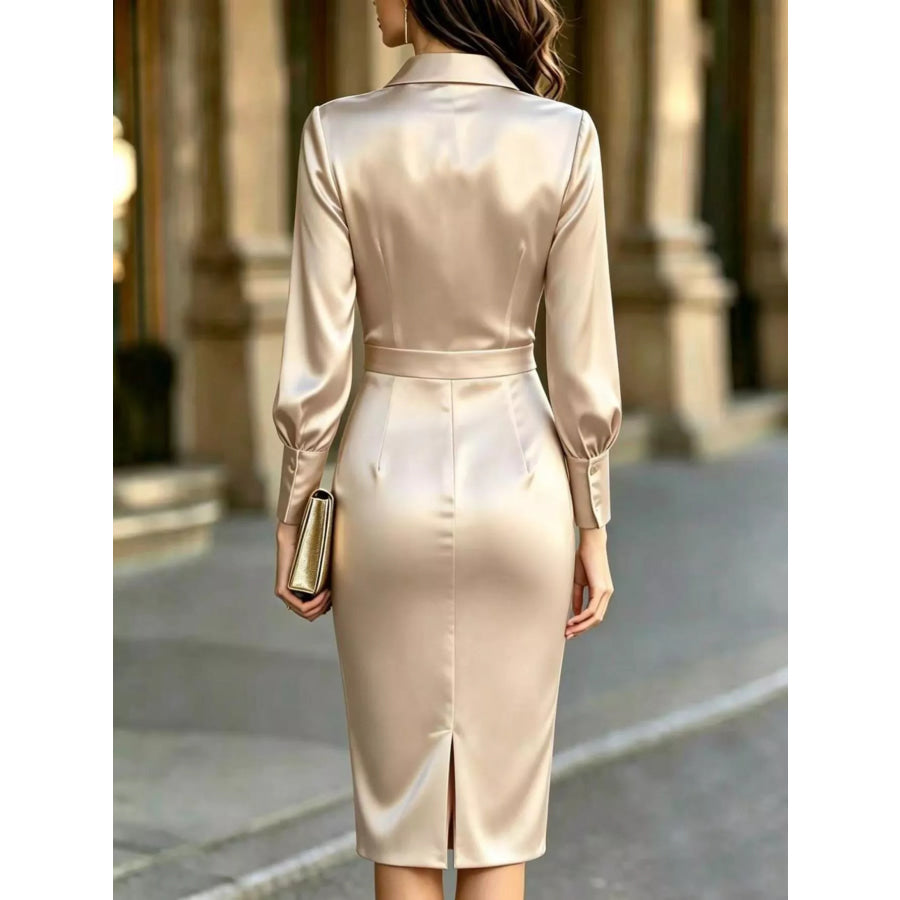 Satin Lantern Sleeve Midi Dress Apparel and Accessories