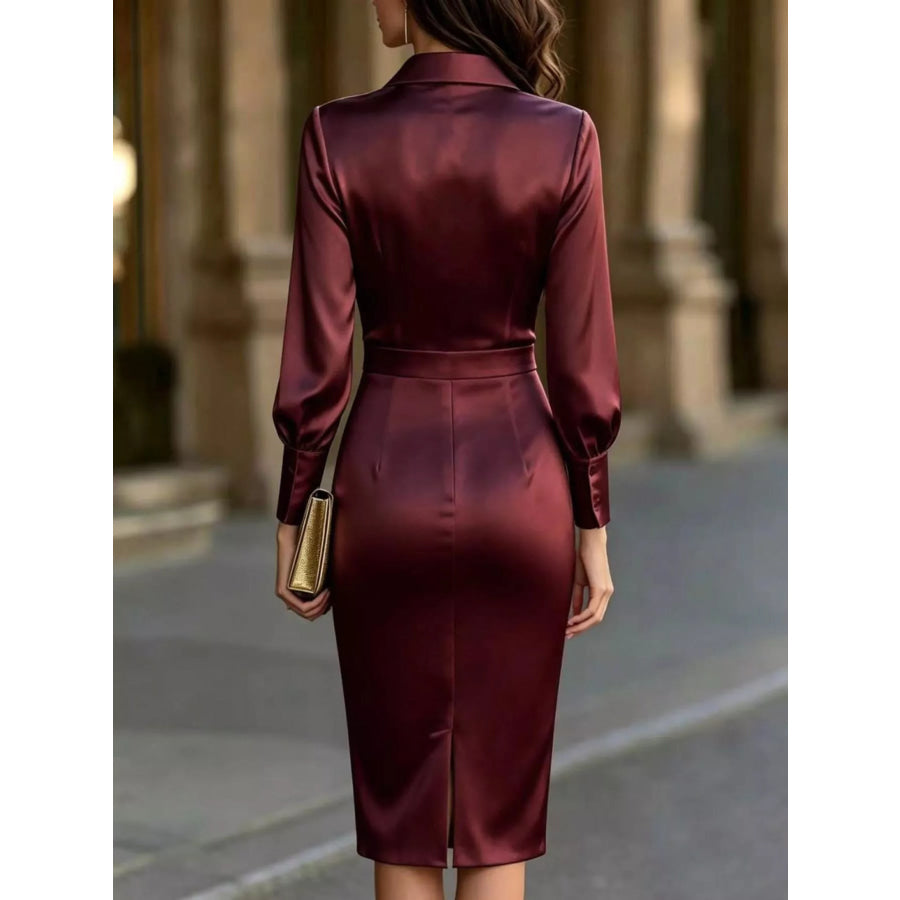 Satin Lantern Sleeve Midi Dress Apparel and Accessories