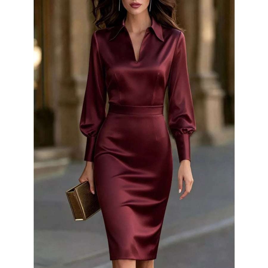 Satin Lantern Sleeve Midi Dress Burgundy / S Apparel and Accessories