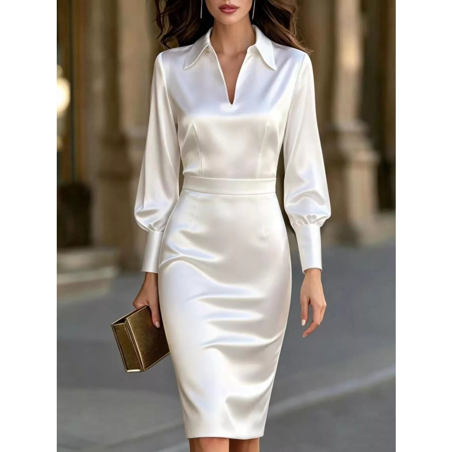 Satin Lantern Sleeve Midi Dress White / S Apparel and Accessories