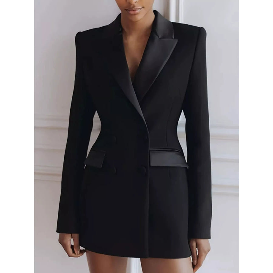 Satin Lapel Double-Breasted Blazer Black / S Apparel and Accessories