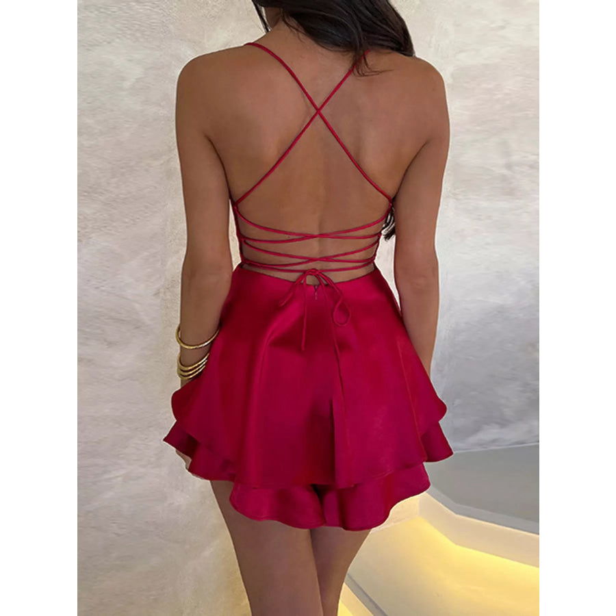 Satin Layered Spaghetti Strap Mini Dress Apparel and Accessories