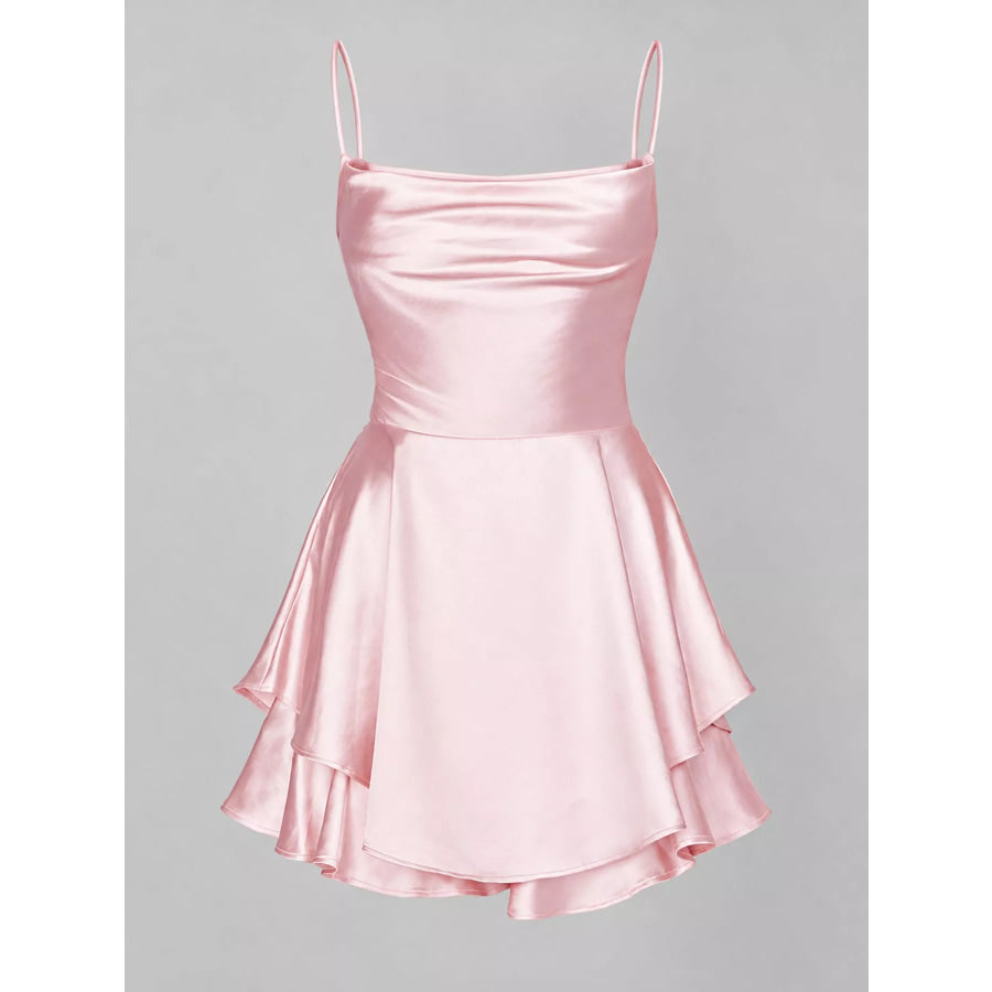 Satin Layered Spaghetti Strap Mini Dress Apparel and Accessories