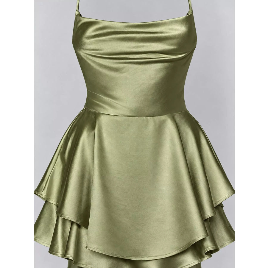 Satin Layered Spaghetti Strap Mini Dress Apparel and Accessories