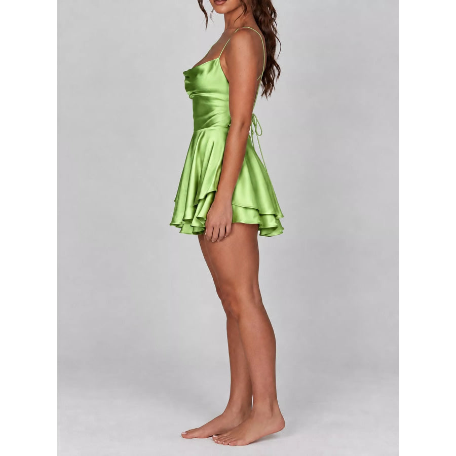Satin Layered Spaghetti Strap Mini Dress Apparel and Accessories