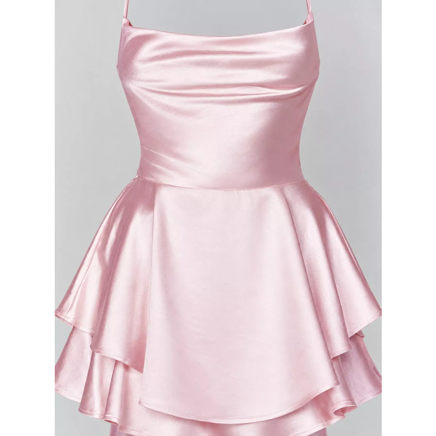 Satin Layered Spaghetti Strap Mini Dress Apparel and Accessories