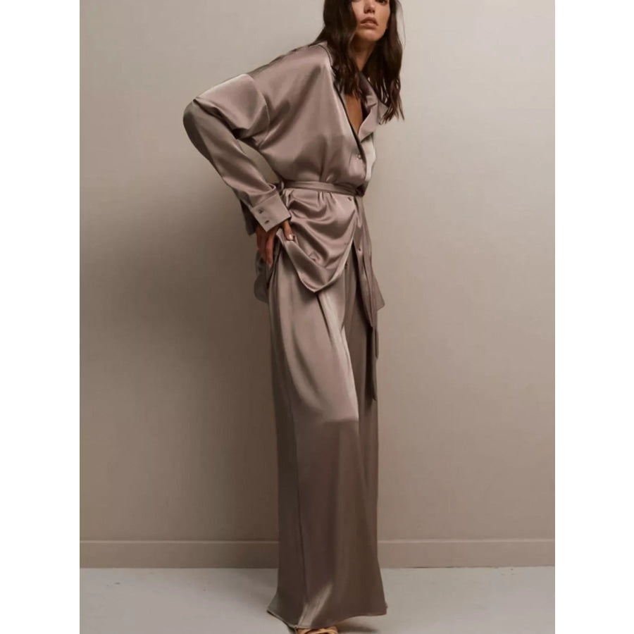 Satin Long Sleeve Shirt and Pants Set Apparel and Accessories