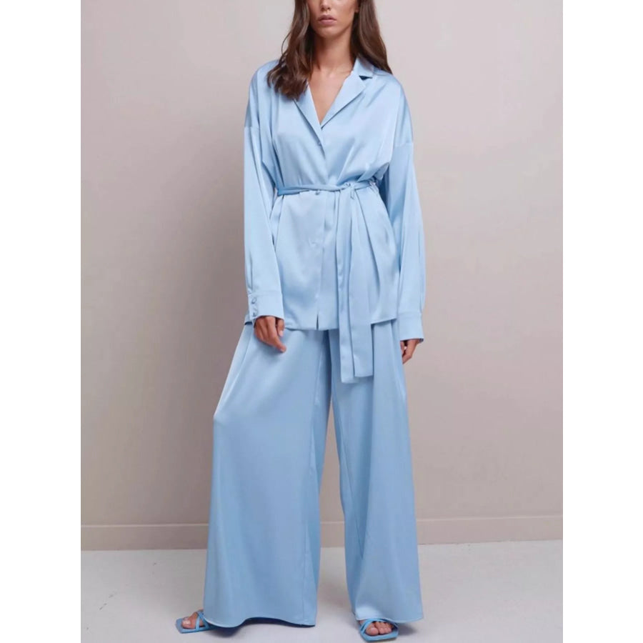 Satin Long Sleeve Shirt and Pants Set Light Blue / S Apparel and Accessories
