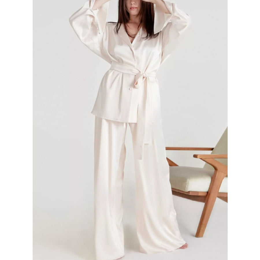 Satin Long Sleeve Shirt and Pants Set White / S Apparel and Accessories