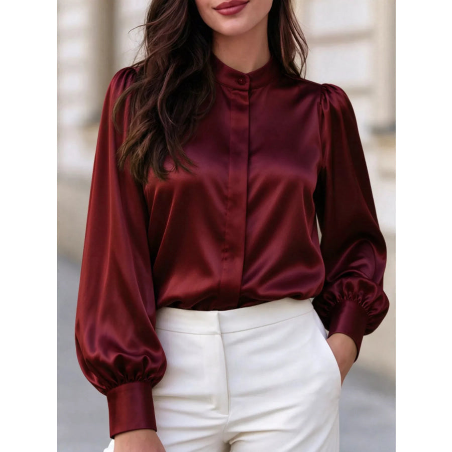 Satin Long Sleeve Shirt Burgundy / S Apparel and Accessories