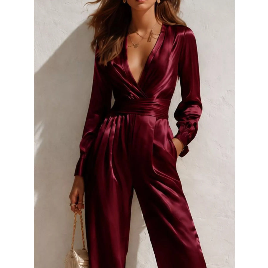 Satin Long Sleeve Wide Leg Jumpsuit Apparel and Accessories