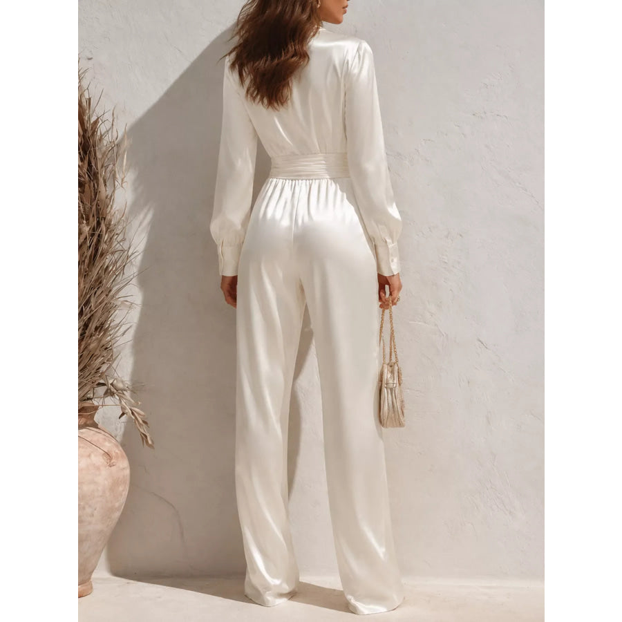 Satin Long Sleeve Wide Leg Jumpsuit White / S Apparel and Accessories