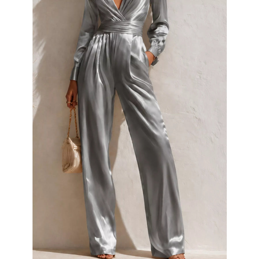Satin Long Sleeve Wide Leg Jumpsuit Apparel and Accessories