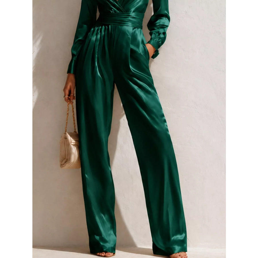 Satin Long Sleeve Wide Leg Jumpsuit Apparel and Accessories