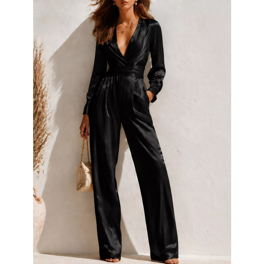 Satin Long Sleeve Wide Leg Jumpsuit Black / S Apparel and Accessories