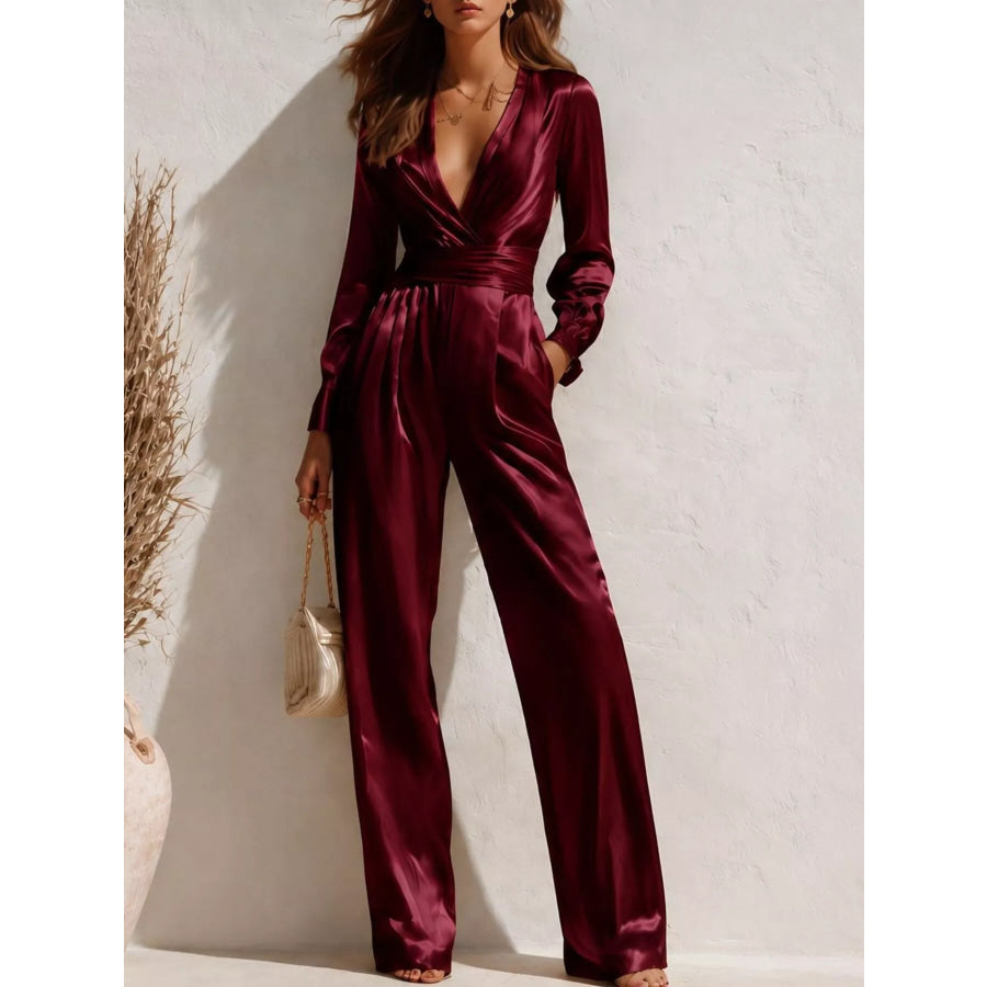 Satin Long Sleeve Wide Leg Jumpsuit Burgundy / S Apparel and Accessories