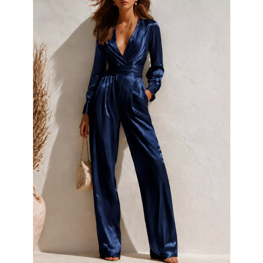 Satin Long Sleeve Wide Leg Jumpsuit Dark Blue / S Apparel and Accessories