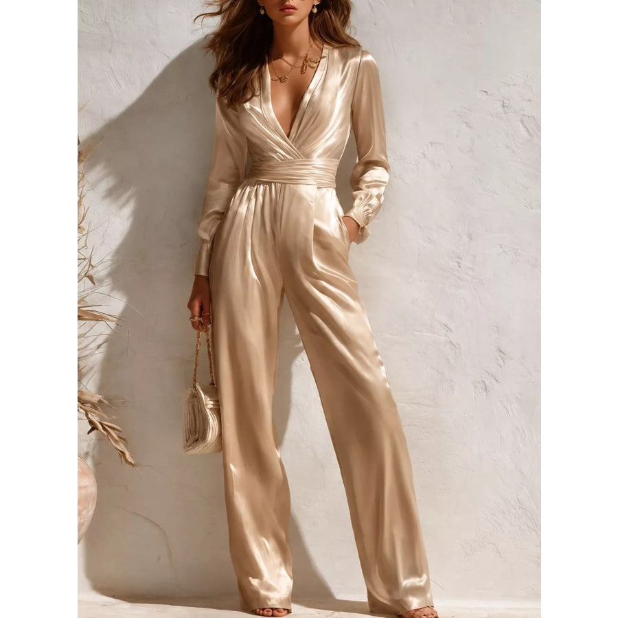 Satin Long Sleeve Wide Leg Jumpsuit Gold / S Apparel and Accessories