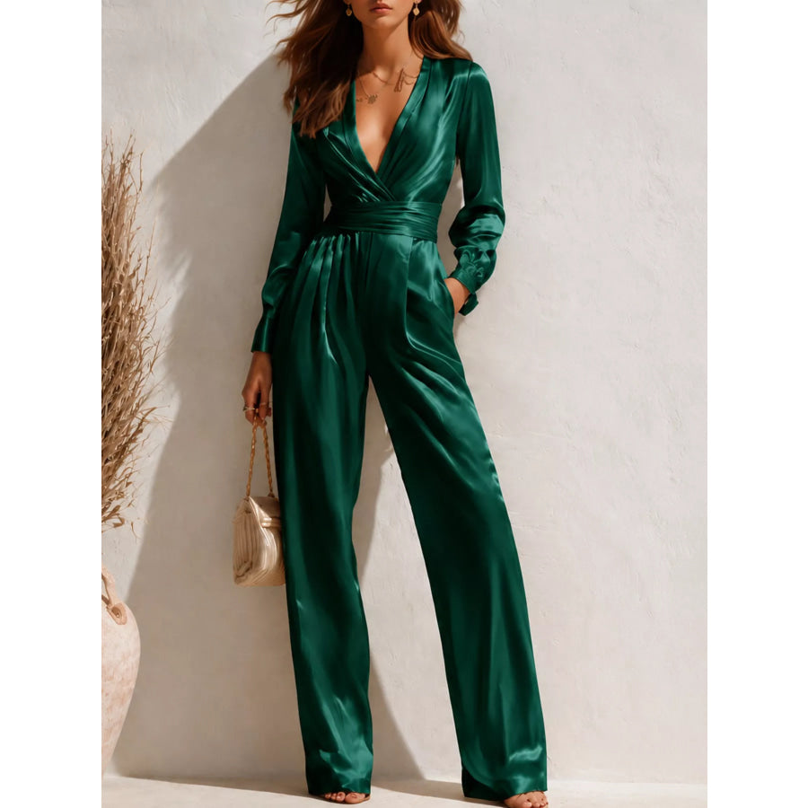 Satin Long Sleeve Wide Leg Jumpsuit Green / S Apparel and Accessories