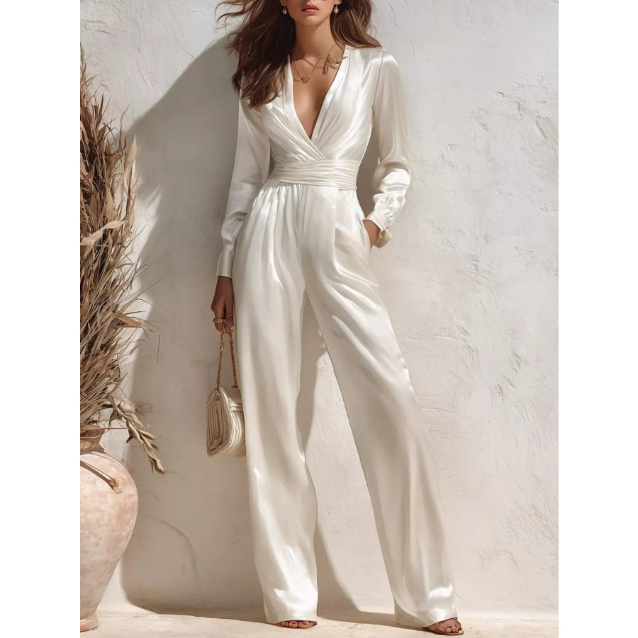 Satin Long Sleeve Wide Leg Jumpsuit White / S Apparel and Accessories