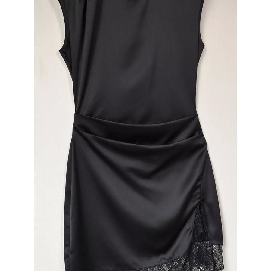 Satin Mock Neck Sleeveless Mini Dress with Lace Hem Apparel and Accessories