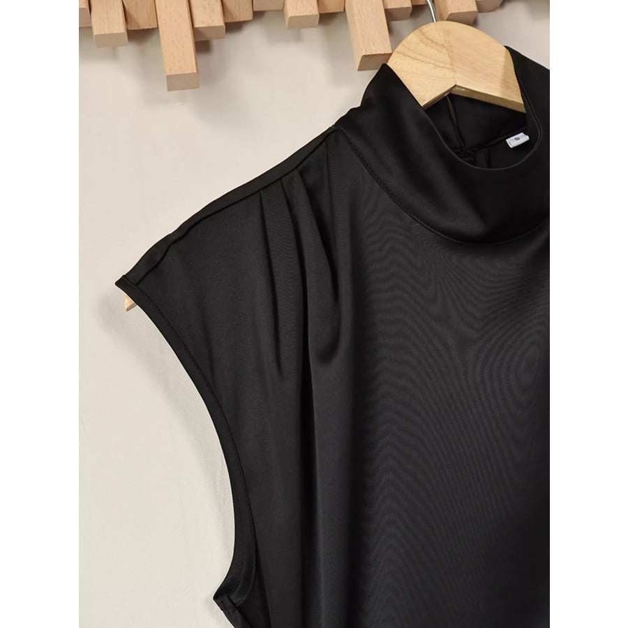 Satin Mock Neck Sleeveless Mini Dress with Lace Hem Apparel and Accessories