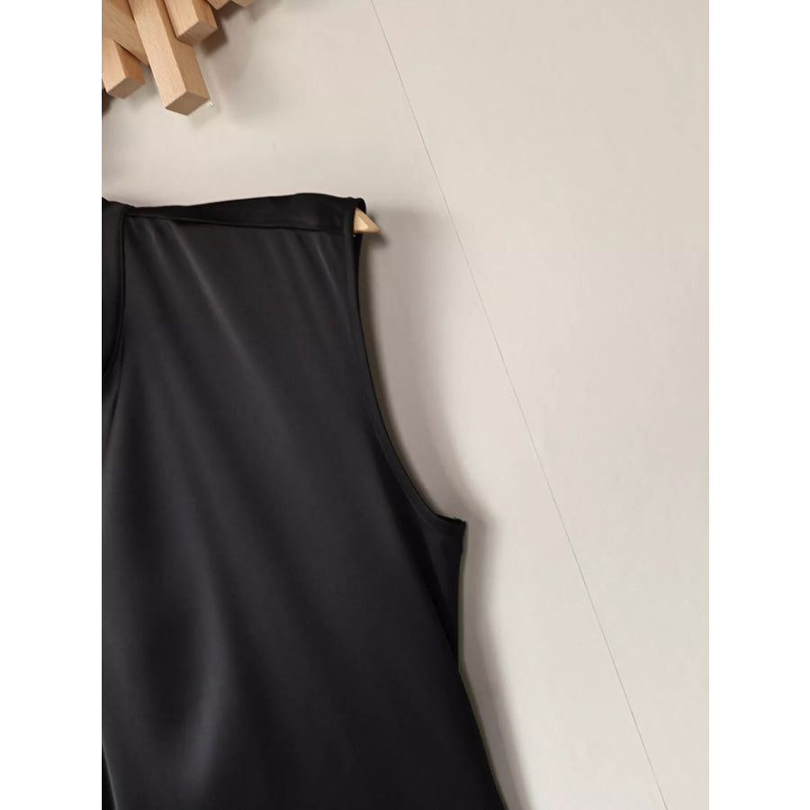 Satin Mock Neck Sleeveless Mini Dress with Lace Hem Apparel and Accessories