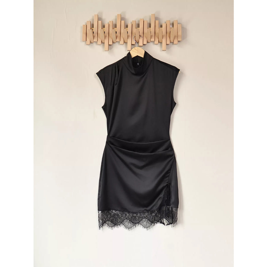 Satin Mock Neck Sleeveless Mini Dress with Lace Hem Apparel and Accessories