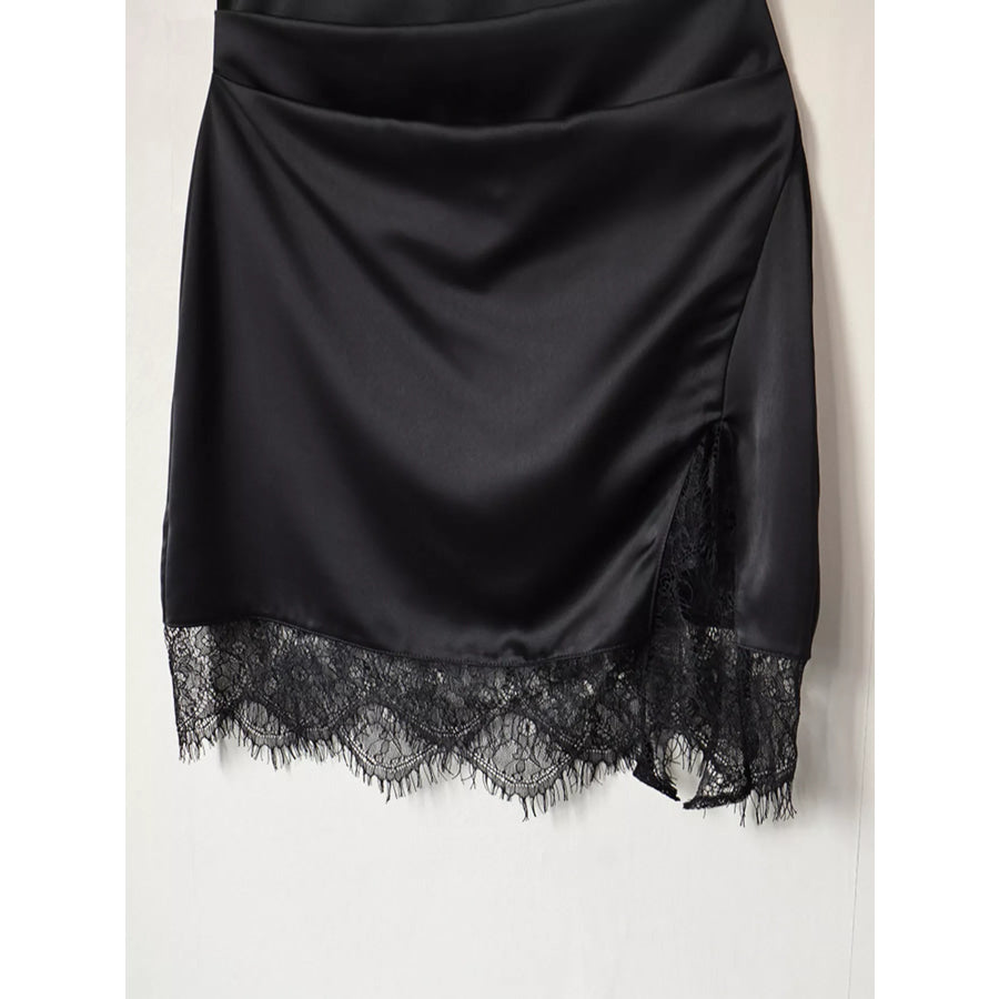Satin Mock Neck Sleeveless Mini Dress with Lace Hem Apparel and Accessories